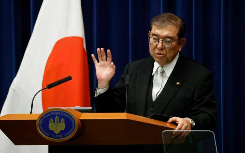 2024年11月11日,日本首相石破茂在日本東京首相官邸出席記者會。新華社發(Pool圖片,太田潔攝)