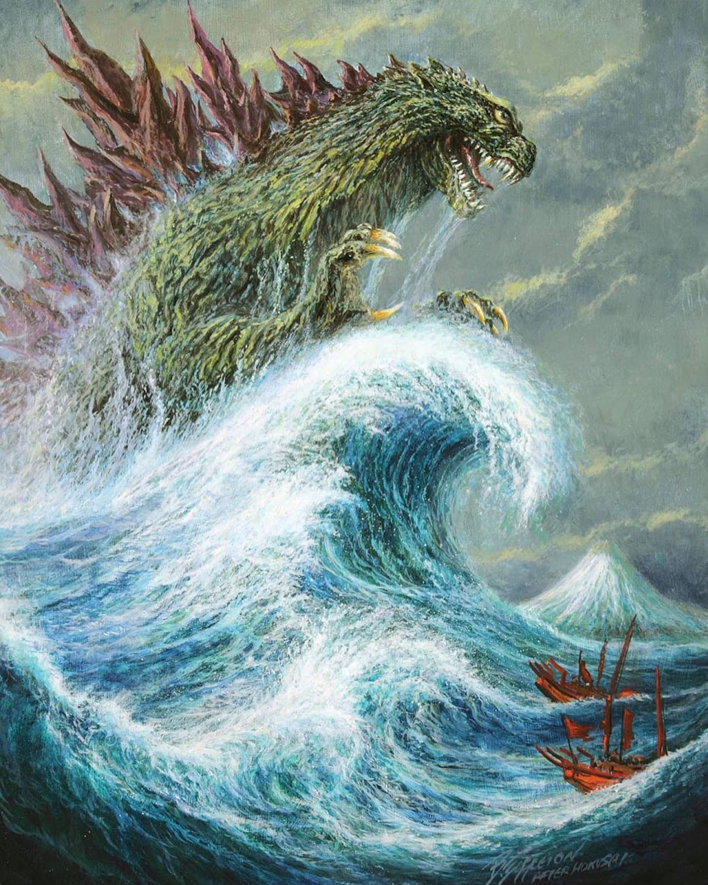 艺术家Bob Eggleton创作哥斯拉葛饰北斋风格画作