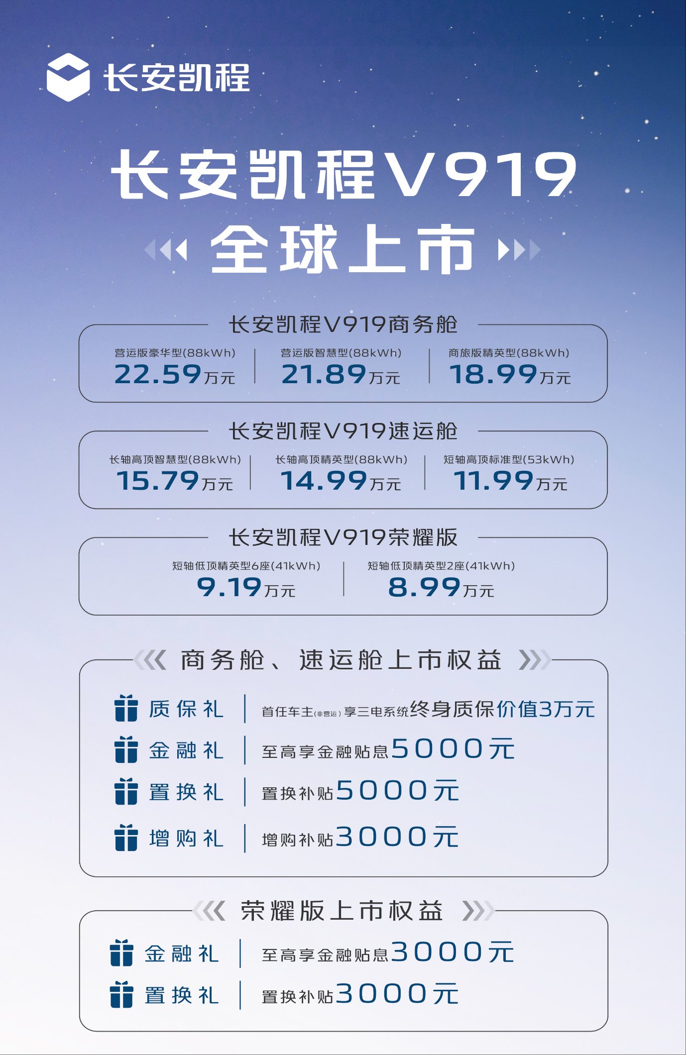 长安凯程V919电动轻客上市，售价8.99万起续航最高470km