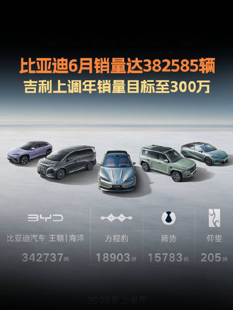 6月新能源车销量公布，比亚迪交付38万辆领跑，吉利上汽均超12万辆