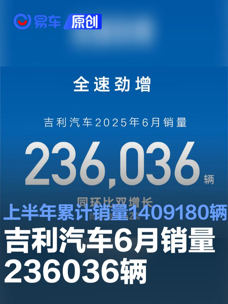 吉利汽车6月销量236036辆 1-6月累计销量1409180辆