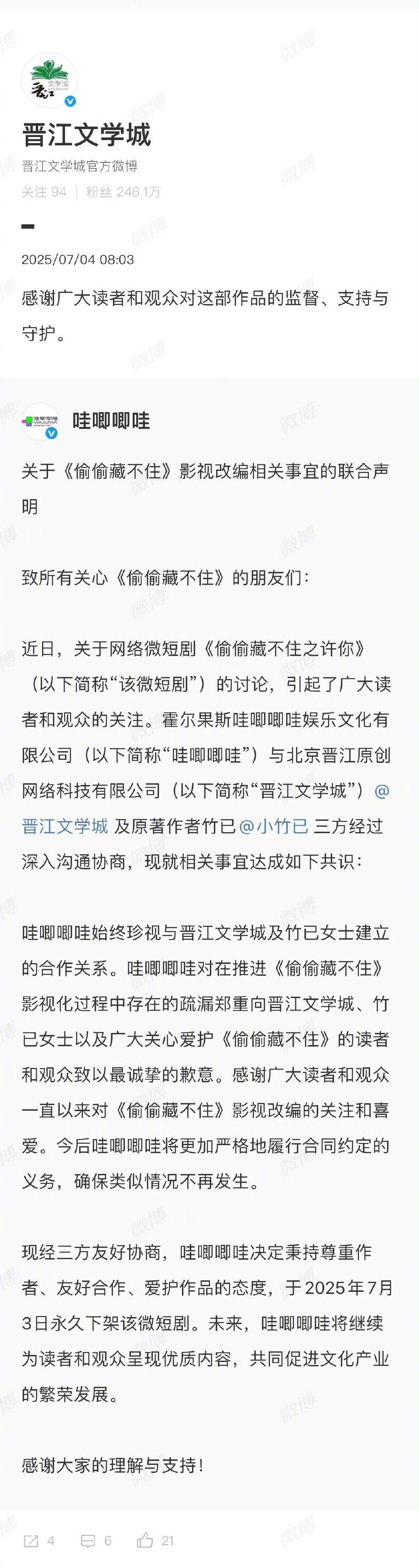 哇唧唧哇就《偷偷藏不住》影视化疏漏致歉，宣布2025年永久下架衍生作品