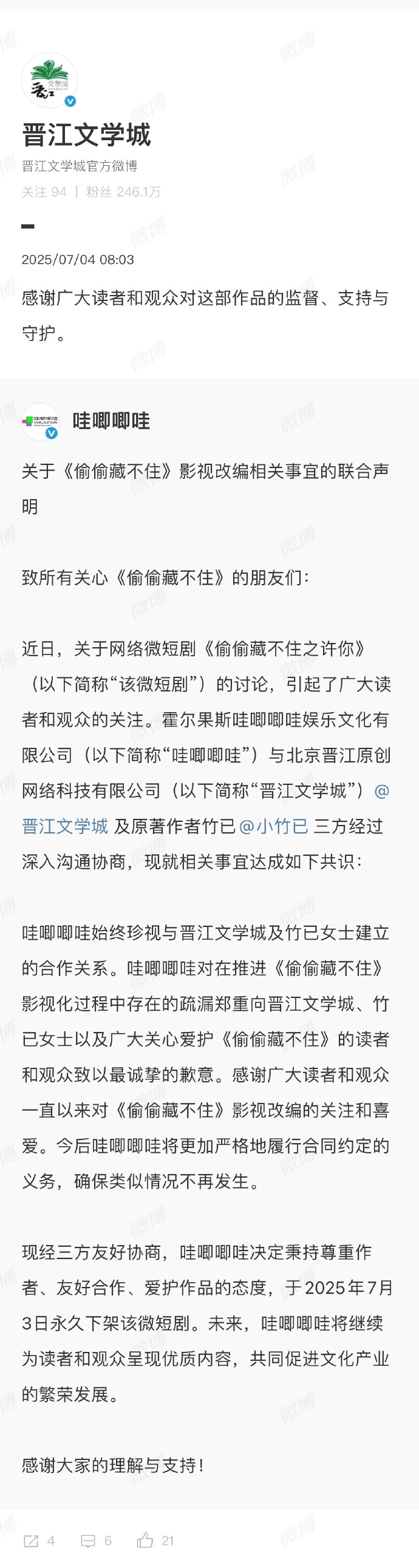 哇唧唧哇就《偷偷藏不住》影视化疏漏致歉，2025年永久下架衍生作品