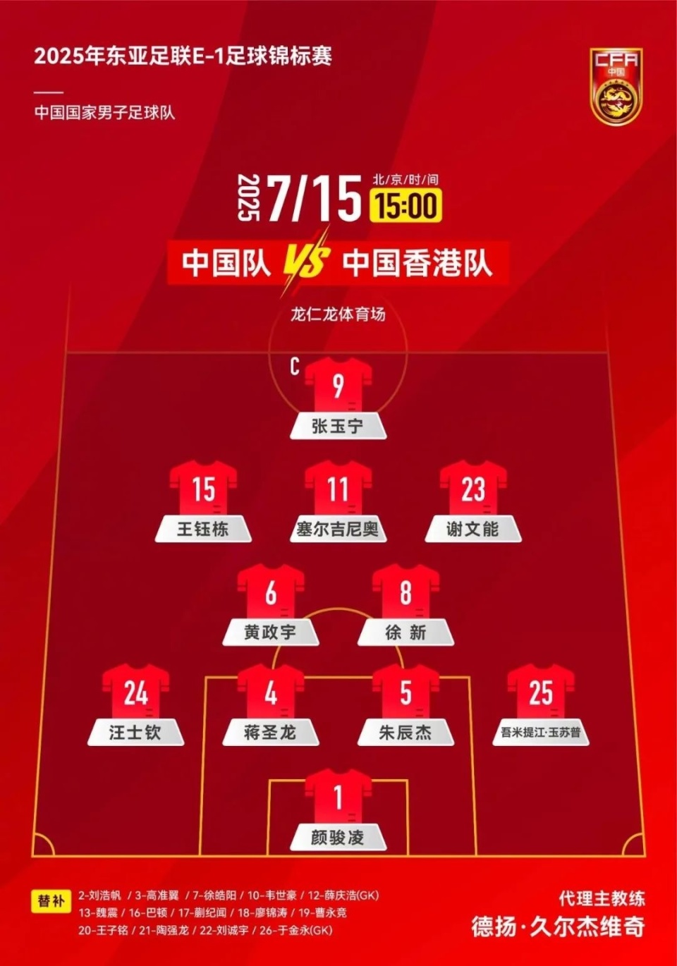 国足战中国香港首发出炉：塞尔吉尼奥、王钰栋首发