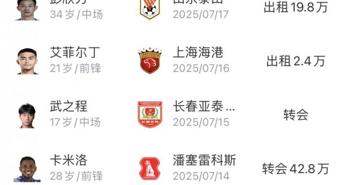 亚泰夏窗汇总：卡米洛顶替贝里奇，彭欣力、艾菲尔丁等人租借加盟