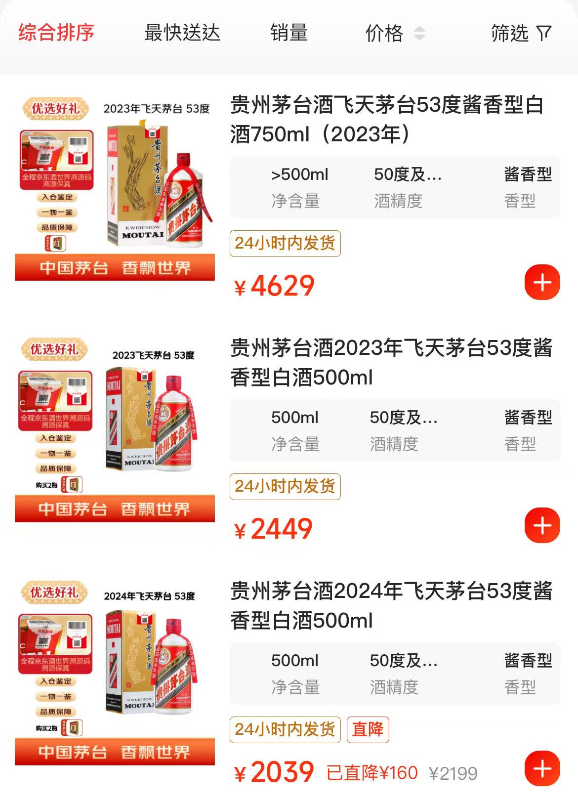 电商平台中多款飞天茅台产品在售/图片来源:京东