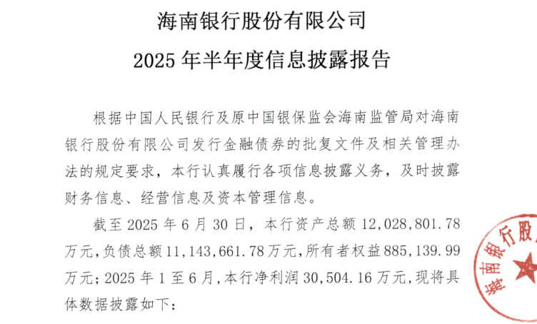图片系海南银行半年度信息披露报告部分截图