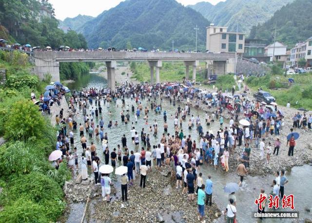 大桥摸鱼区的湘黔民众赤足蹚水、俯身追逐。 吴诗云 摄
