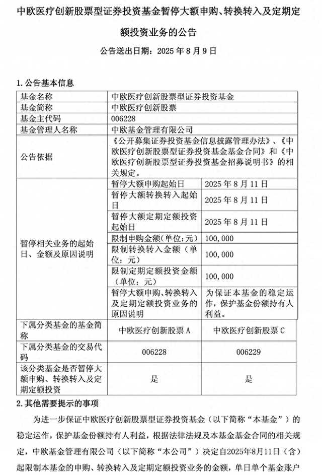 年内涨超60%!葛兰在管中欧医疗创新暂停大额申购,单日单账户最多10万 第1张 年内涨超60%!葛兰在管中欧医疗创新暂停大额申购,单日单账户最多10万 第1张
