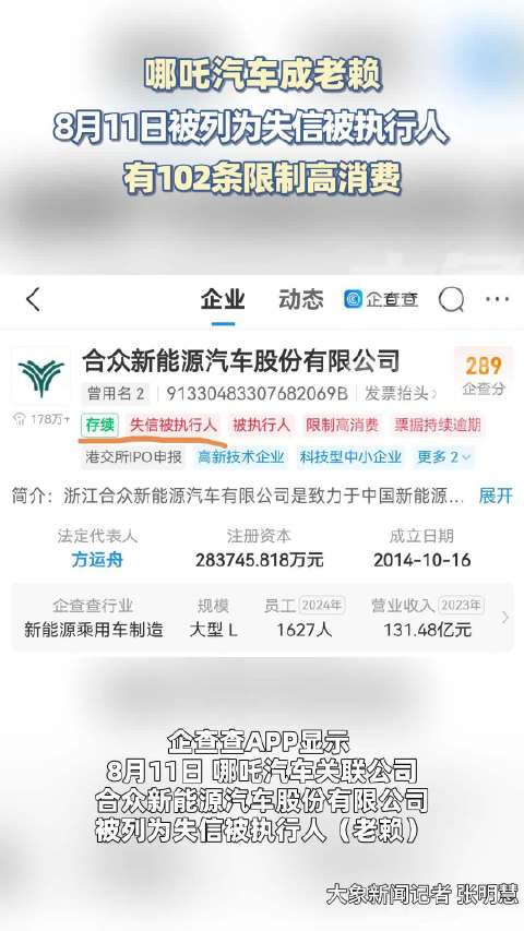 哪吒汽车成老赖 有102条限制高消费执行信息