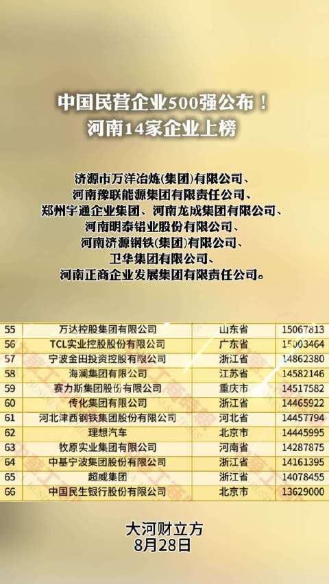 2025中国民企500强榜单发布，河南14家企业入围