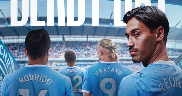 曼城官推晒德比大战海报：哈兰德、罗德里、赖因德斯步入伊蒂哈德