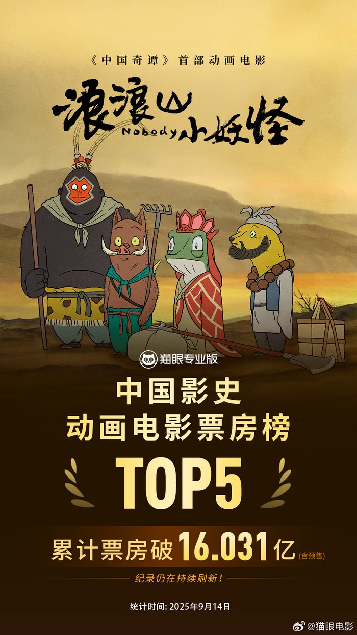 浪浪山进入影史动画电影票房榜前五