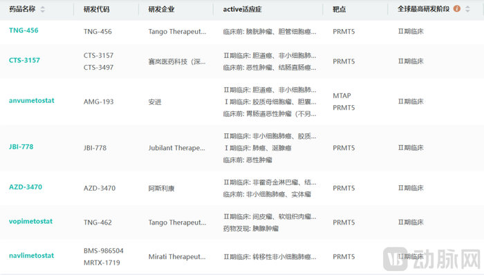 图5. 全球处于Ⅱ期临床阶段的PRMT5靶点产品（资料来源：摩熵医药）