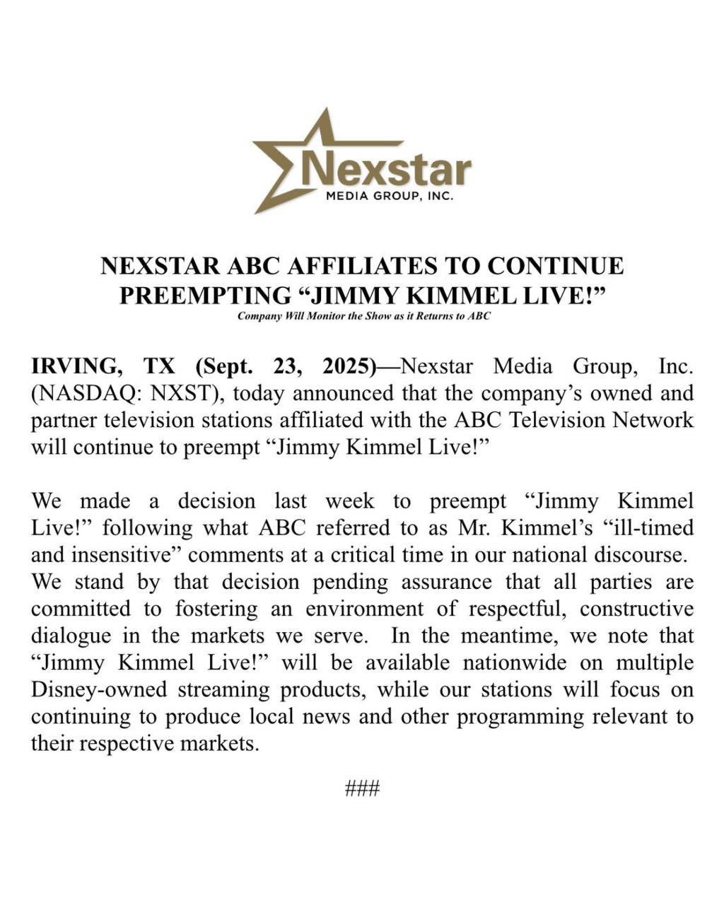 ABC《吉米·坎摩尔直播秀》复播，次星传媒坚持停播决定