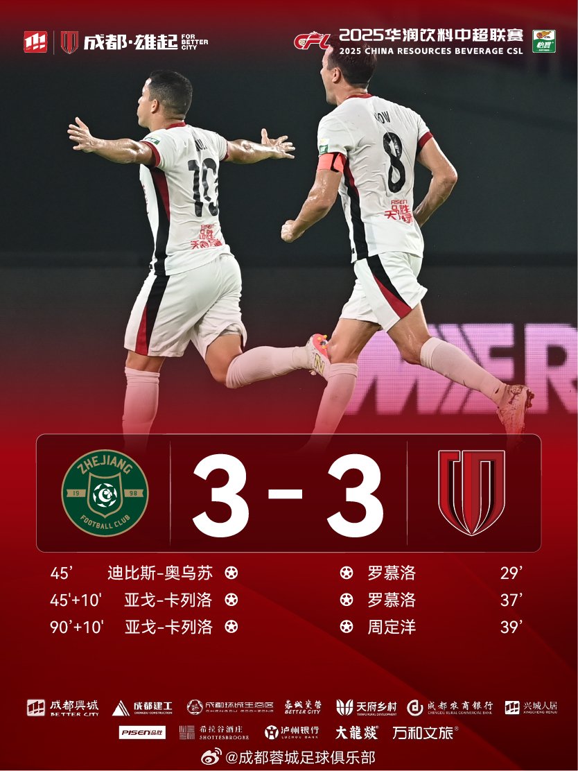 成都蓉城3-3战平浙江绿城，罗慕洛双响周定洋连场破门