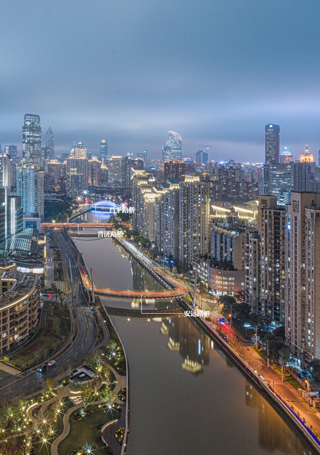 俯瞰苏州河上的安远路桥、普济路桥、昌平路桥。澎湃新闻记者 施佳慧 制图
