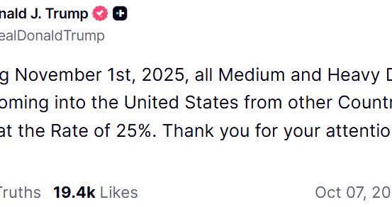 特朗普宣布中型和重型卡车进口关税将于11月1日生效