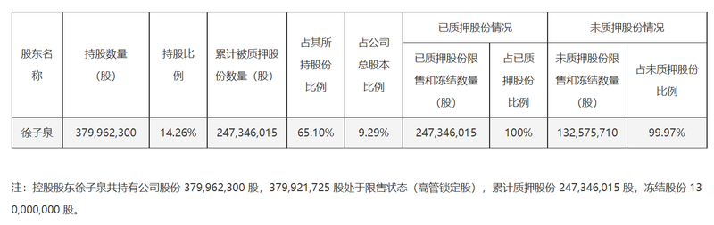 截至2025年10月14日,徐子泉及其一致行动人所持质押股份情况。公告截图