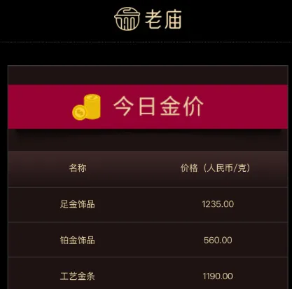 老庙黄金今日金价截图