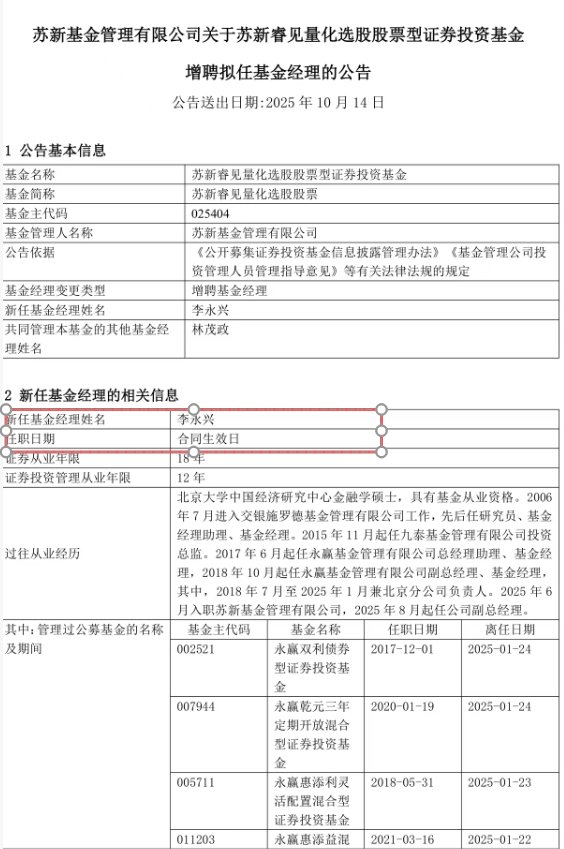图:苏新睿见量化选股公告增聘李永兴为第二基金经理  来源:基金公告