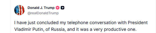 △美總統特朗普16日在與普京結束通話後，在其個人社交媒體平台上發佈的部分聲明截圖。