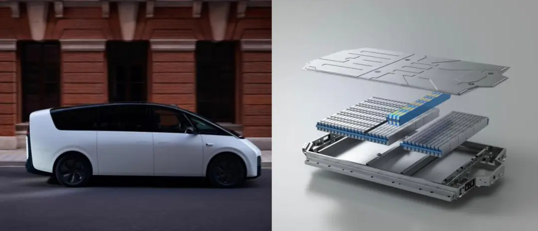 右图为理想MEGA车型，左图为搭载的宁德时代麒麟电池内部示意图。