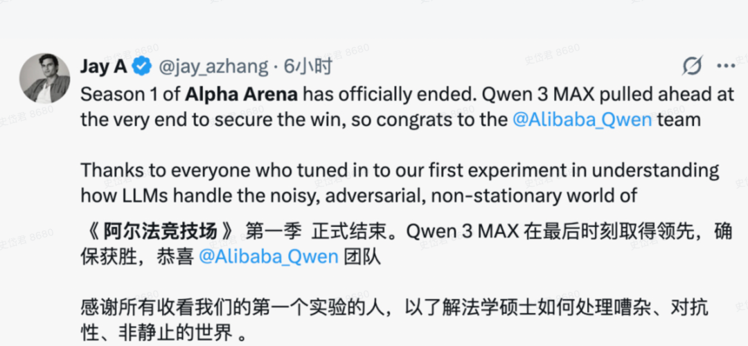 全球首个ai投资大赛收官 阿里千问夺冠,美国四大模型均亏损