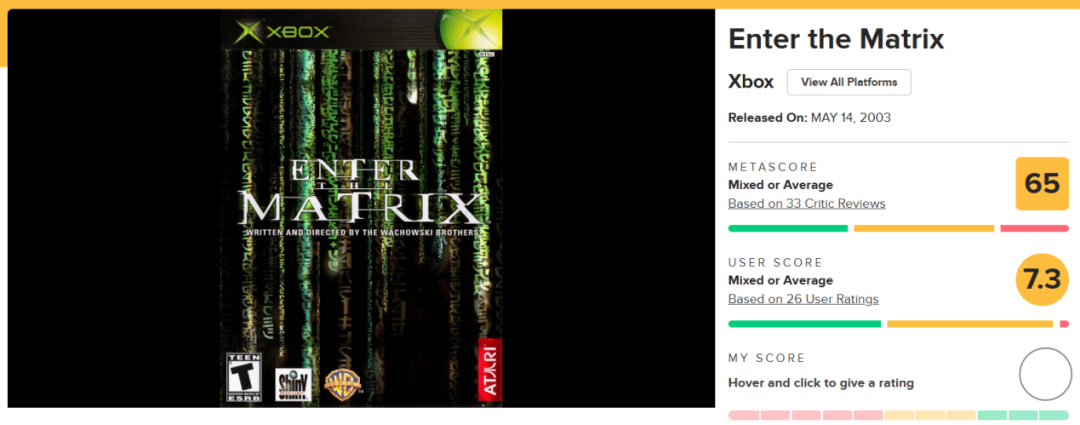 《黑客帝国:进入矩阵》在Metacritic的评分