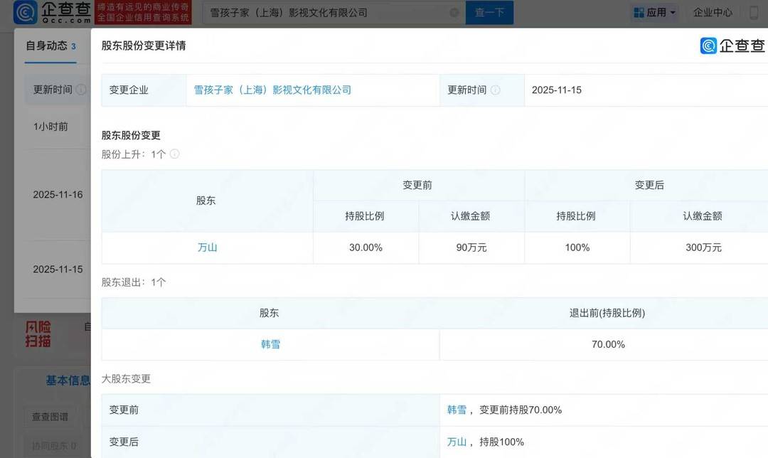 韩雪直播卖12.9元棉拖鞋 近期转让70%公司股权给老公