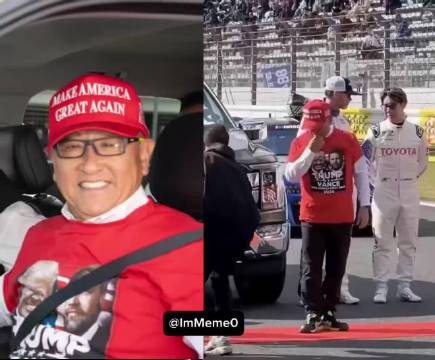 丰田公司CEO丰田昭夫在NASCAR赛场上公开亮相，他头戴支持特朗普的MAGA红帽