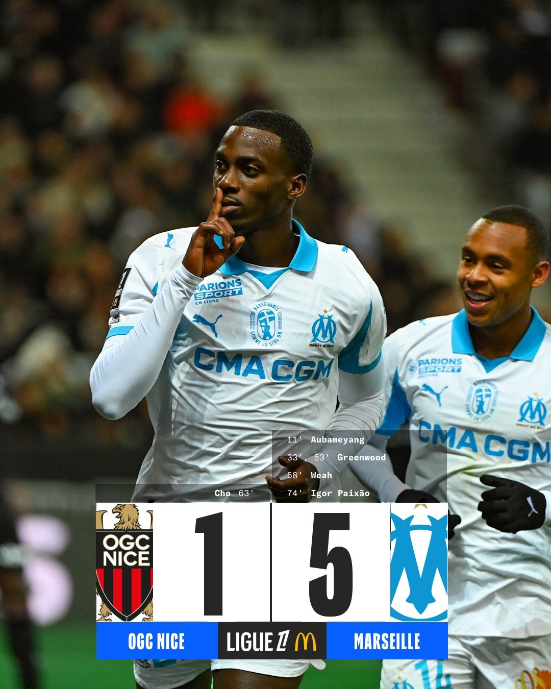 法甲第13轮马赛5-1尼斯，格林伍德双响奥巴梅扬传射