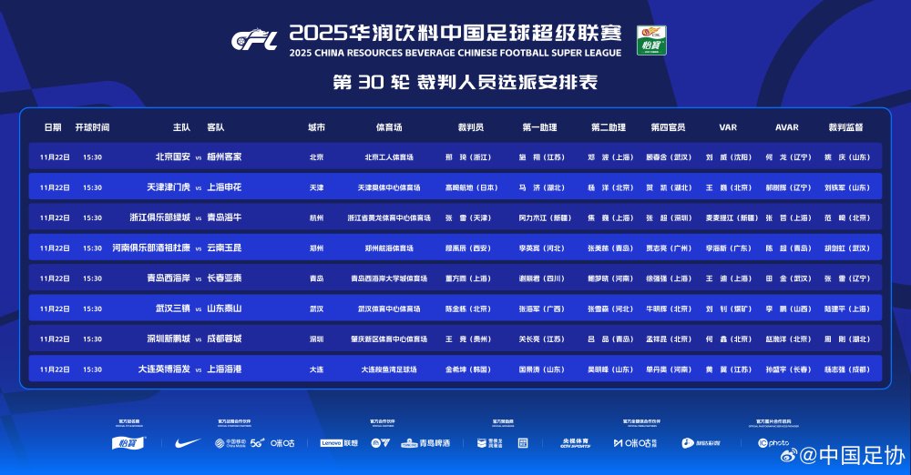 官方：韩国籍裁判执法海港客战英博，日本籍裁判执法申花客战津门虎