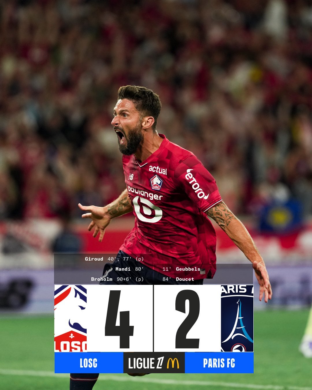 法甲第13轮吉鲁双响，里尔4-2逆转巴黎FC