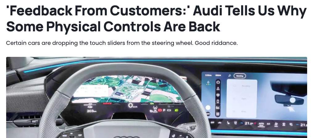 奥迪取消方向盘触控滑条设计 重启实体操控按键