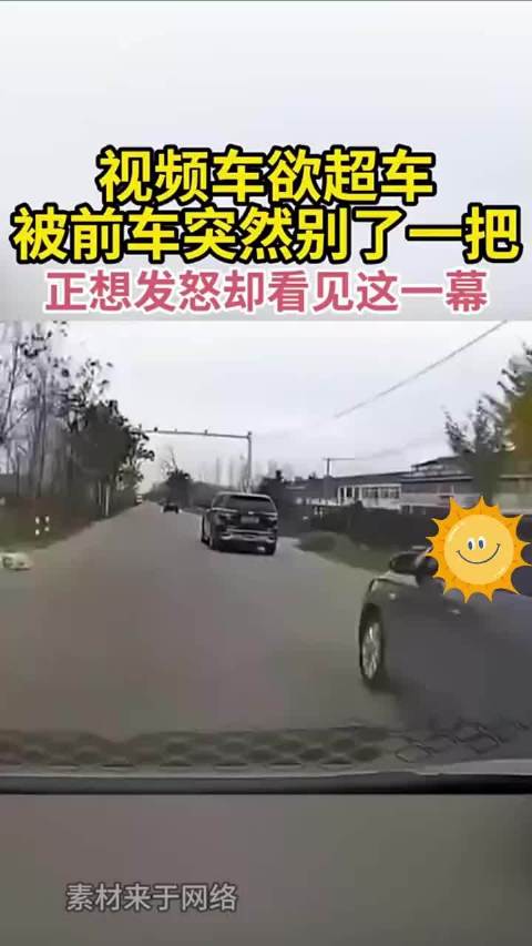 视频车欲超车，被前车突然别了一把，正想发怒却看见这一幕