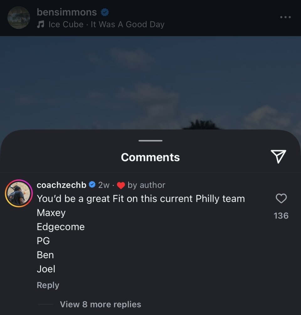 有意回归？本·西蒙斯点赞网友说他适合76人现在阵容的留言