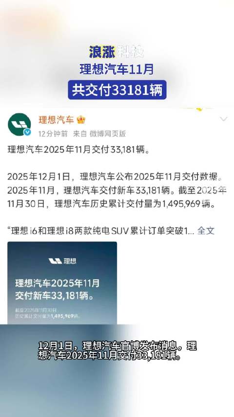 理想汽车11月共交付33181辆