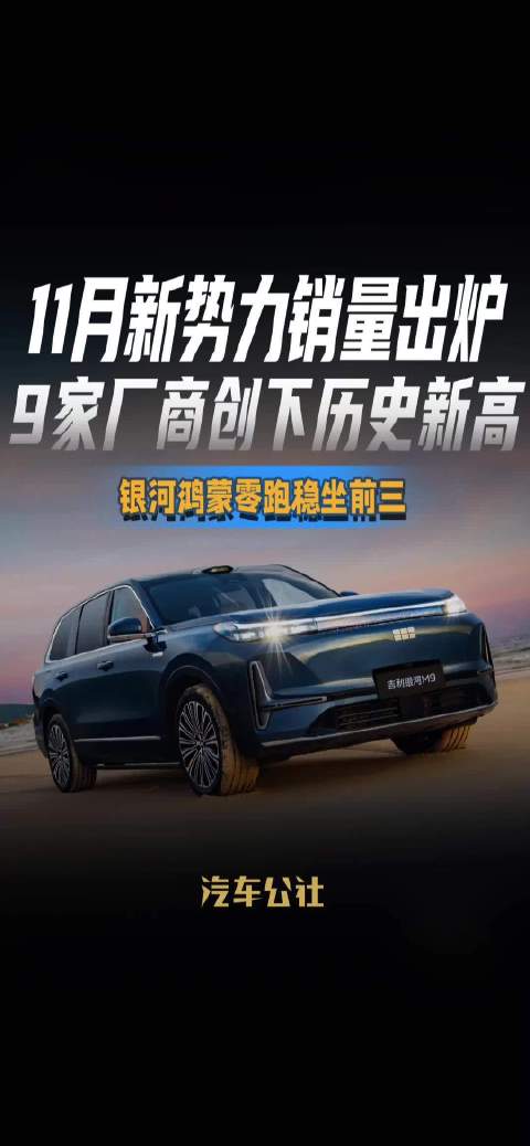 11月新势力销量出炉 9家厂商创下历史新高 银河鸿蒙零跑稳坐前三