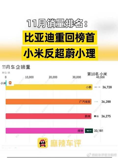 比亚迪11月销量48万辆夺冠，小米反超蔚小理