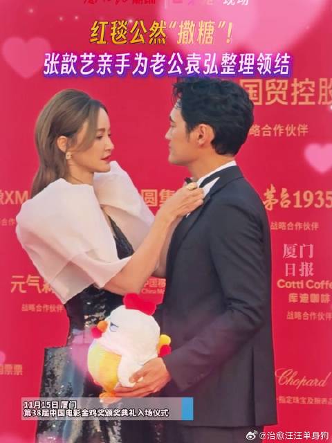 红毯公然“撒糖”！张歆艺亲手为老公袁弘整理领结