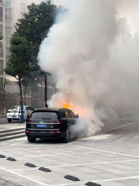 蓝牌奥迪Q7前舱盖起火，专家提醒勿私改线路