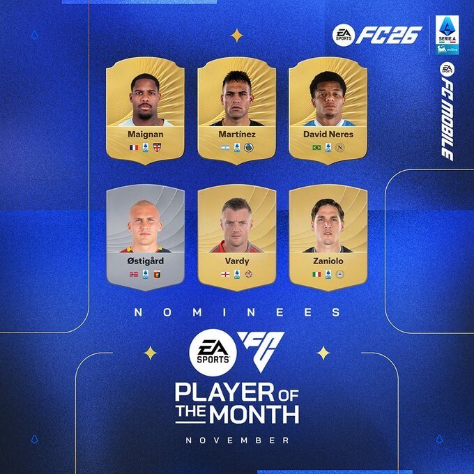 意甲11月最佳球员候选：迈尼昂、劳塔罗、瓦尔迪入选