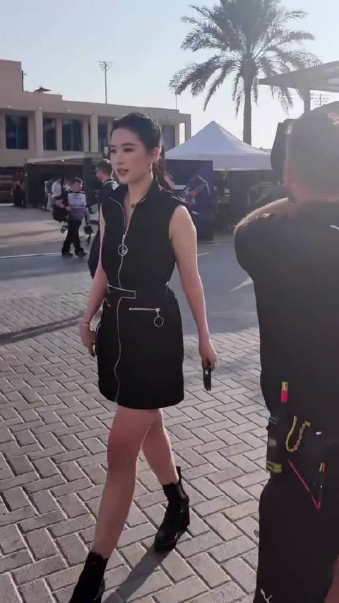 刘亦菲现身阿布扎比观战F1，黑裙金饰造型青春俏丽