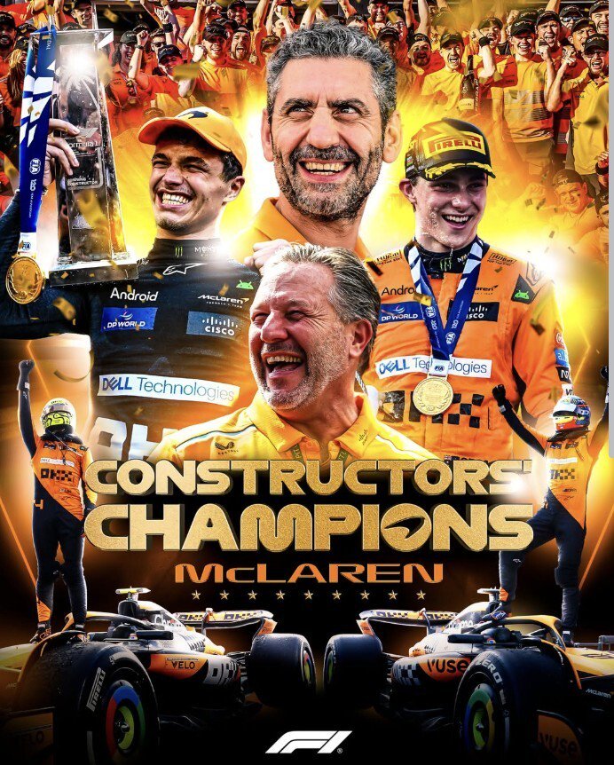 F1 2025年度车队积分榜：迈凯伦夺冠，梅奔第2，红牛第3