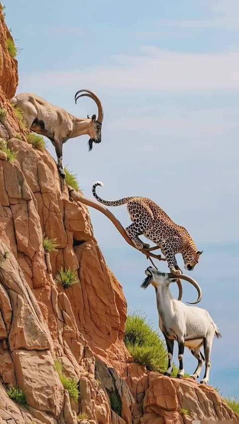 两羊精准配合将过桥花豹撞飞