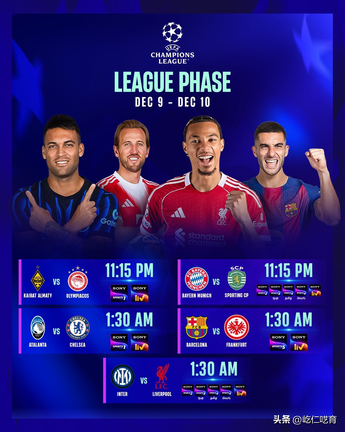 欧冠预测：国米21/32利物浦，亚特12蓝军，巴萨21/40法兰，拜仁31