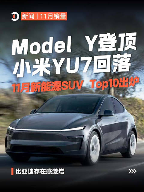 11月新能源SUV销量榜出炉，特斯拉Model Y以4.7万辆夺冠