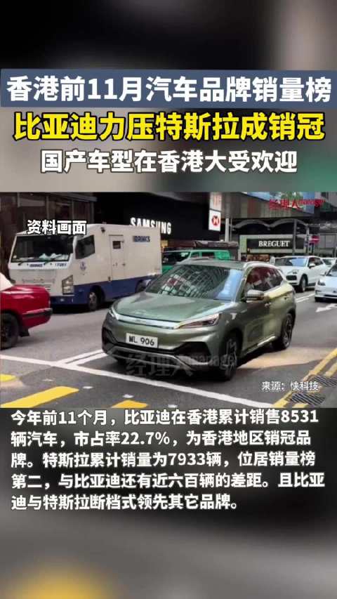 中国香港前11月汽车品牌销量榜：比亚迪力压特斯拉，拿下销冠