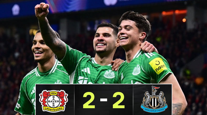 欧冠勒沃库森2比2纽卡斯尔联，吉马良斯乌龙格里马尔多绝平